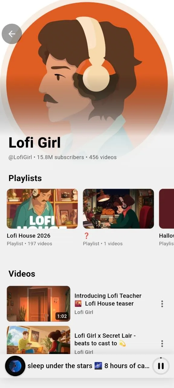 YouTube channel detail page in Ground Music showing playlists and videos