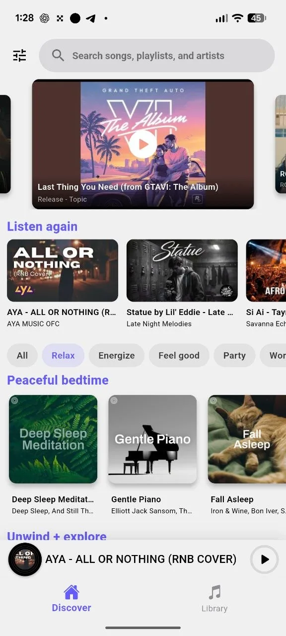 Ground Music Discover tab with mood filters, Listen again and suggested playlists